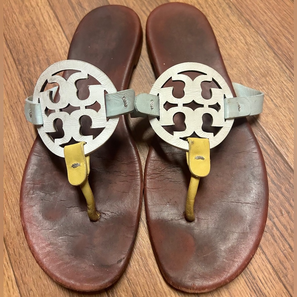 Tory Burch Brown Sandals with Gray and Yellow Accents
